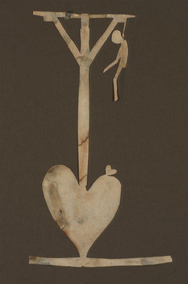H.C. Andersen-klip: Hjertetyv i galgen. På hjertet, som danner galgens fod, er der endnu et lille hjerte (Klip i hvidt papir)